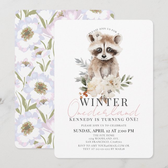 Racoon Winter Onederland Girl 1st Birthday Invitation (Front/Back)