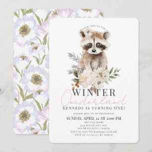 Racoon Winter Onederland Girl 1st Birthday Invitation