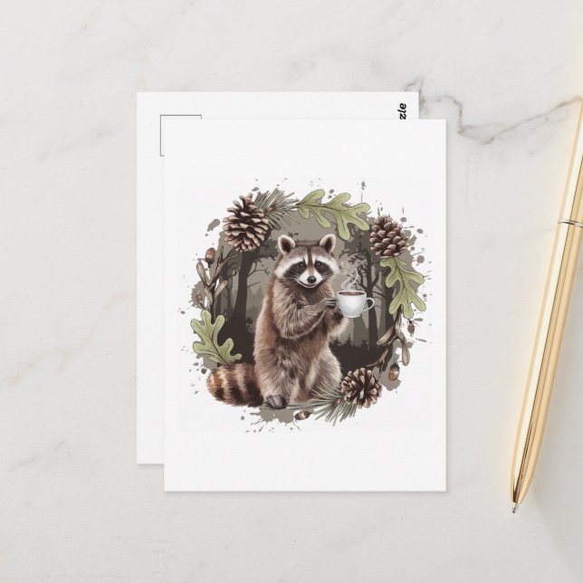 Racoon with a Coffee Postcard (Front/Back In Situ)