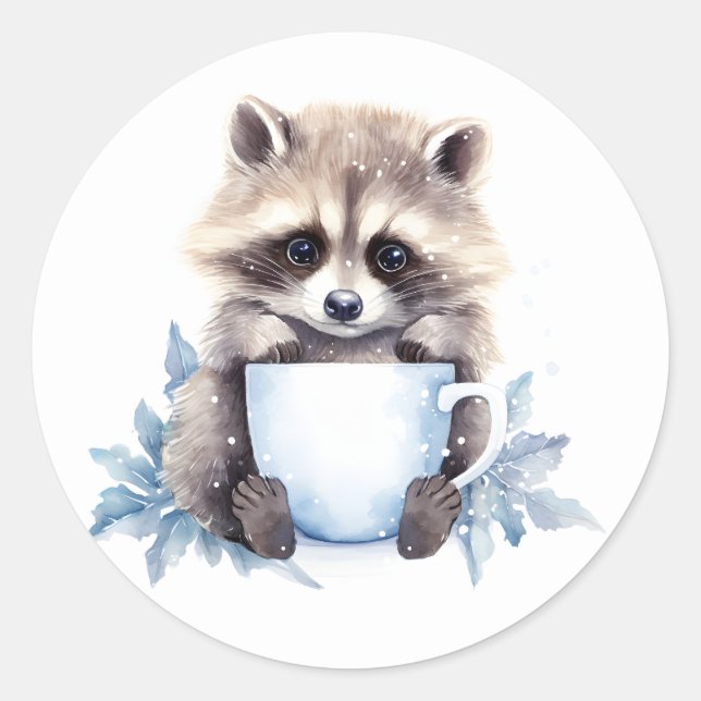 Racoon with a cup of coffee winter  classic round sticker (Front)