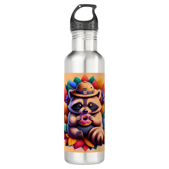 racoon with a doughnut 710 ml water bottle (Front)