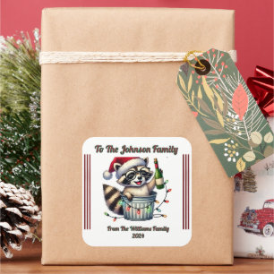 Racoon With Christmas Lights on Gift Square Sticker