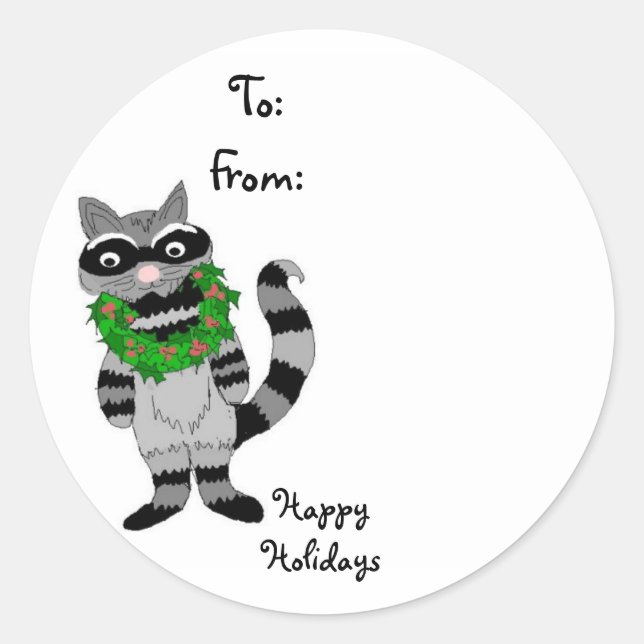 Racoon with Christmas Wreath Classic Round Sticker (Front)