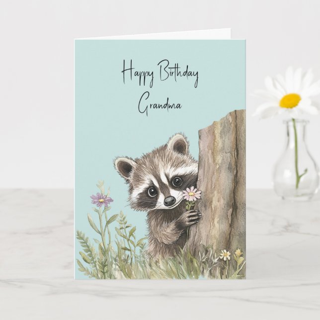 Racoon with Flower Birthday Card (Small Plant)
