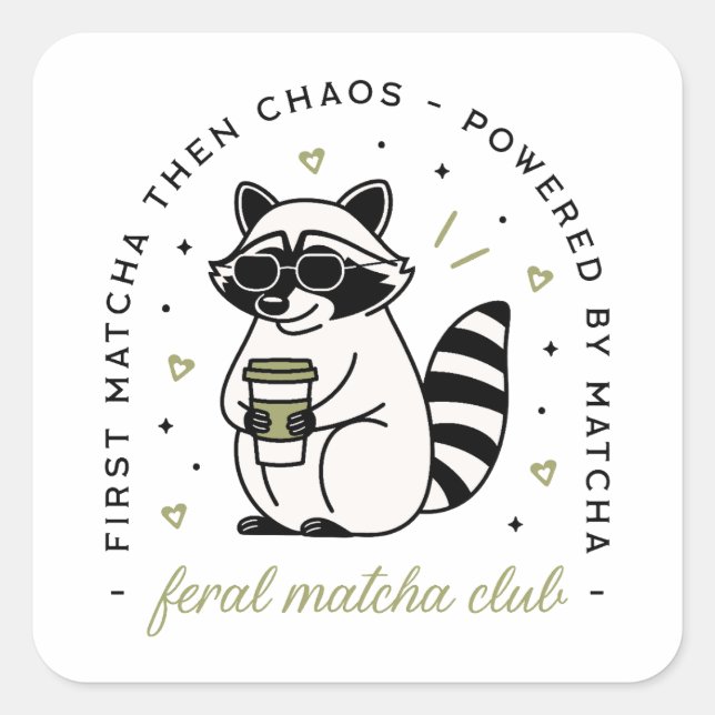 Racoon with matcha club funny kawaii aesthetic square sticker (Front)