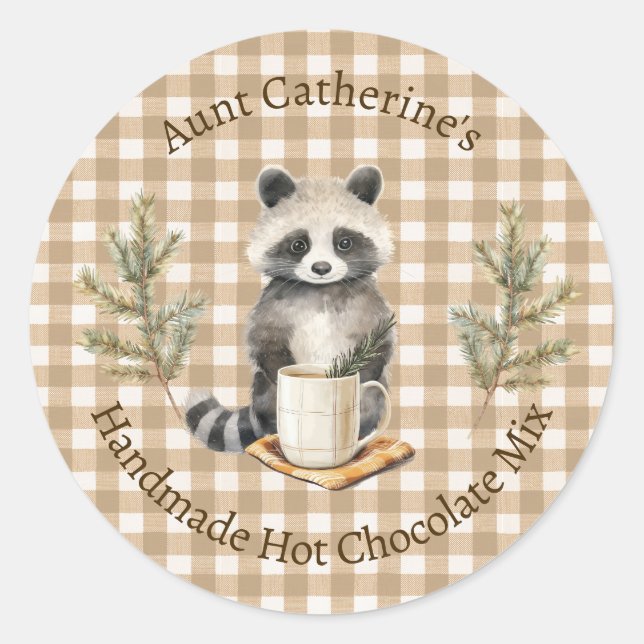 Racoon with Mug Brown Gingham Hot Cocoa Mix Label (Front)