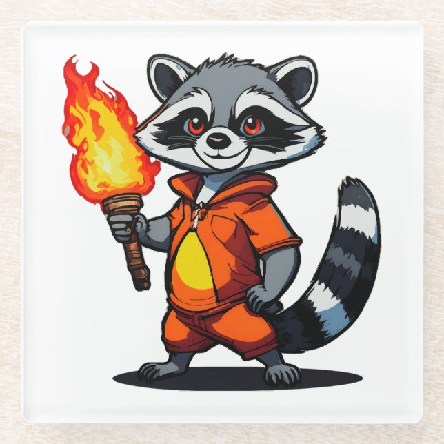 Racoon with Torch Glass Coaster (Front)