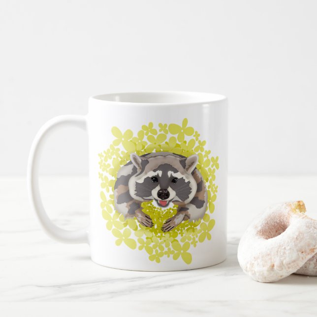 Racoon with yellow flowers coffee mug (With Donut)