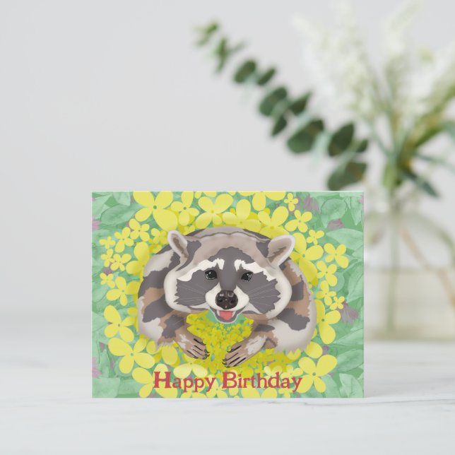 Racoon with yellow flowers. Happy Birthday Holiday Postcard (Standing Front)