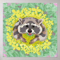 Racoon with yellow flowers