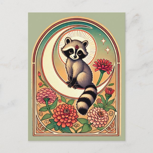 Racoon with Zinnias                               Postcard (Front)