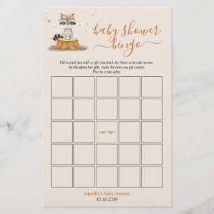 Racoon Woodland Animals Baby Shower Bingo Game