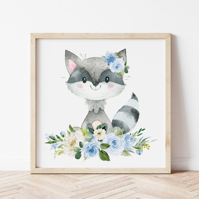 Racoon, Woodland Animals, Boho, Blue Flowers Poster (Creator Uploaded)