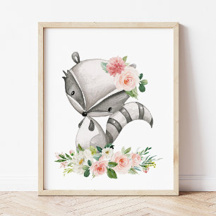 Racoon, Woodland Animals, Boho, Pink Flowers Photo Print