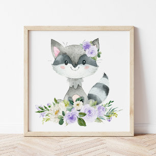 Racoon, Woodland Animals, Boho, Purple Flowers Photo Print