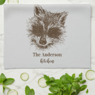 Racoon Woodland Creature Drawing Personalised Tea Towel