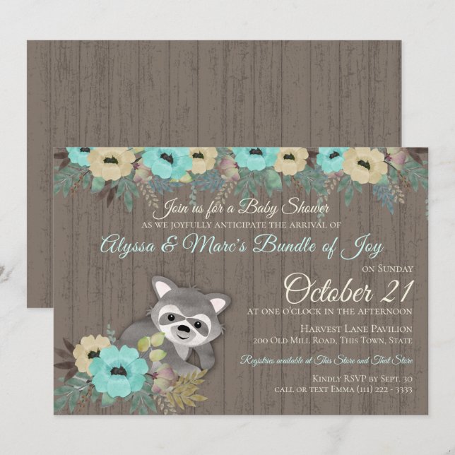 Racoon Woodland Floral Baby Shower Invitation (Front/Back)