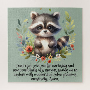 Racoon Woodland Kids Christian Prayer on Blue   Jigsaw Puzzle