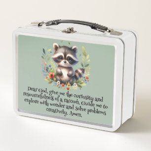 Racoon Woodland Kids Christian Prayer on Blue    Metal Lunch Box