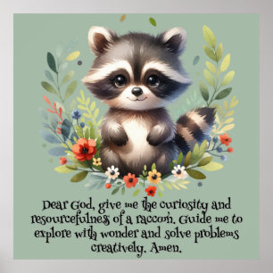 Racoon Woodland Kids Christian Prayer on Blue   Poster