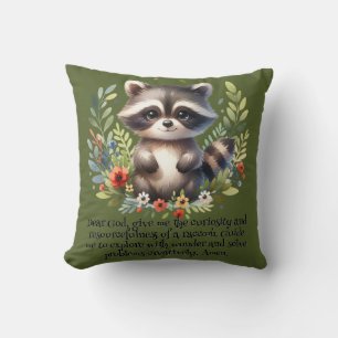 Racoon Woodland Kids Christian Prayer on Green    Cushion