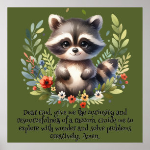 Racoon Woodland Kids Christian Prayer on Green   Poster