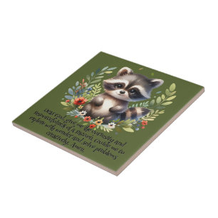 Racoon Woodland Kids Christian Prayer on Green   Tile