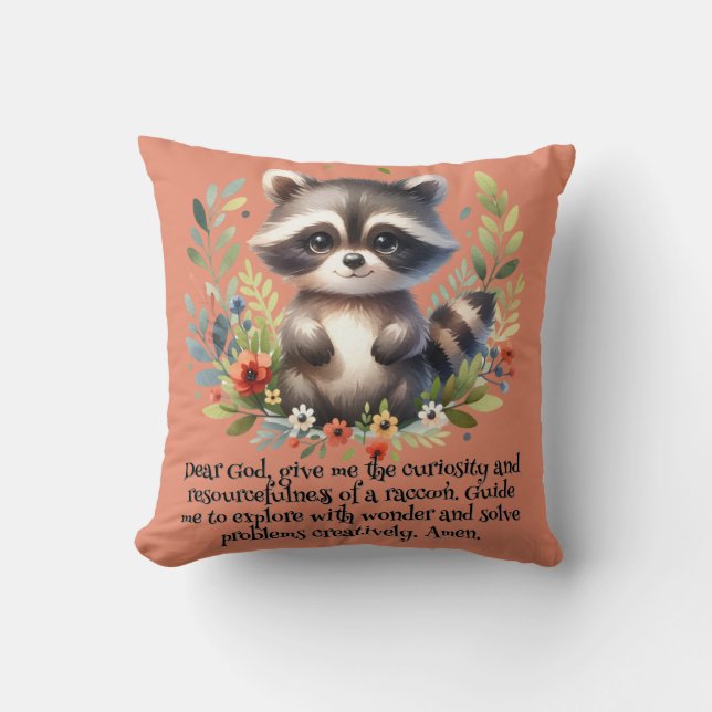 Racoon Woodland Kids Christian Prayer on Pink |  Cushion (Front)