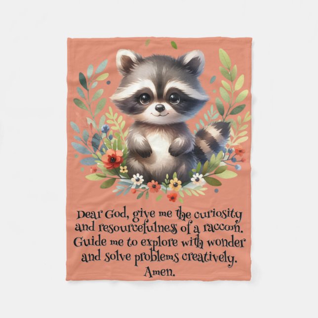 Racoon Woodland Kids Christian Prayer on Pink | Fleece Blanket (Front)