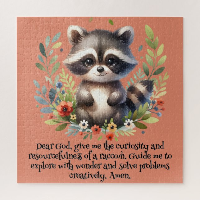 Racoon Woodland Kids Christian Prayer on Pink | Jigsaw Puzzle (Vertical)