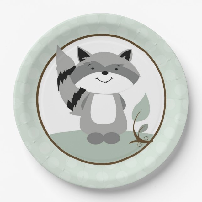 Racoon Woodland Nature Paper Plate | Green (Front)