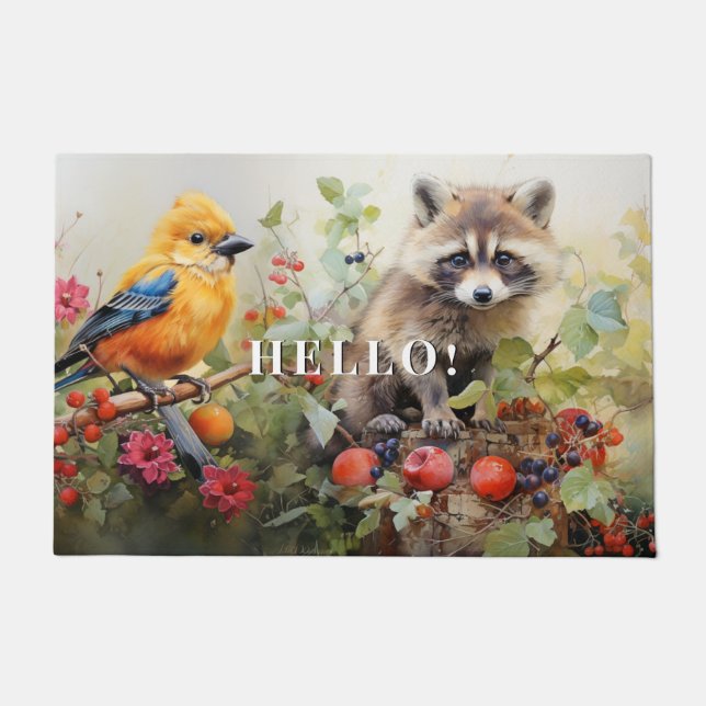 Racoon Yellow Finch Woodland Vines Apples Doormat (Front)