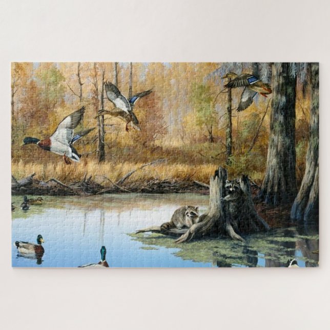 Racoons Invade The Duck Pond Wild Nature Jigsaw Puzzle (Horizontal)