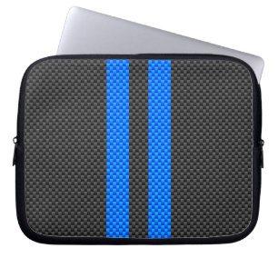Racy Blue Carbon Fiber Style Racing Stripes Laptop Sleeve