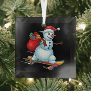 Rad Christmas Skateboarding Snowman Glass Tree Decoration