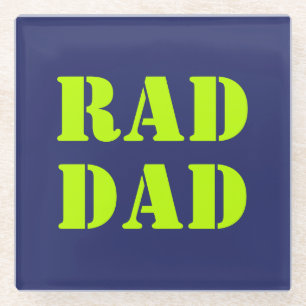 Rad Dad neon green navy blue modern typography Glass Coaster