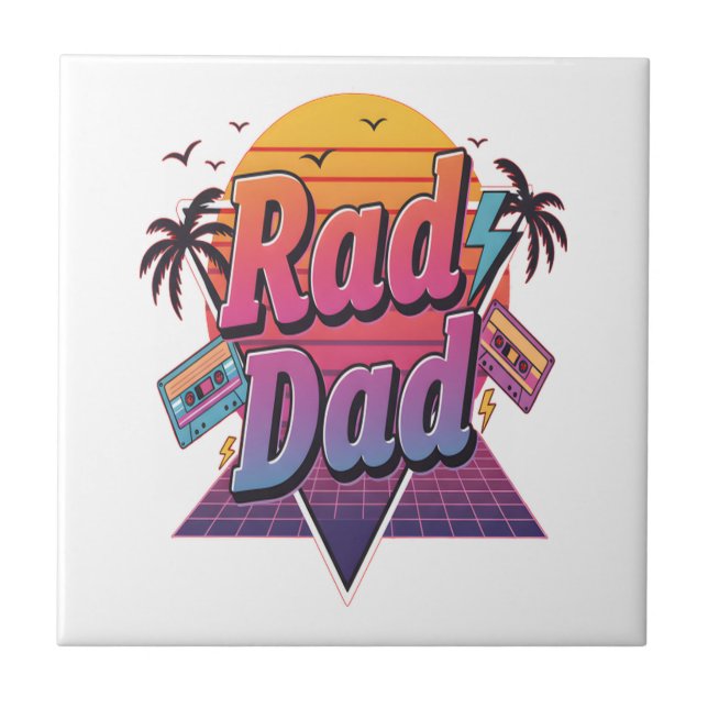 Rad Dad – Retro 80s Neon Style  for Cool Fathers Tile (Front)