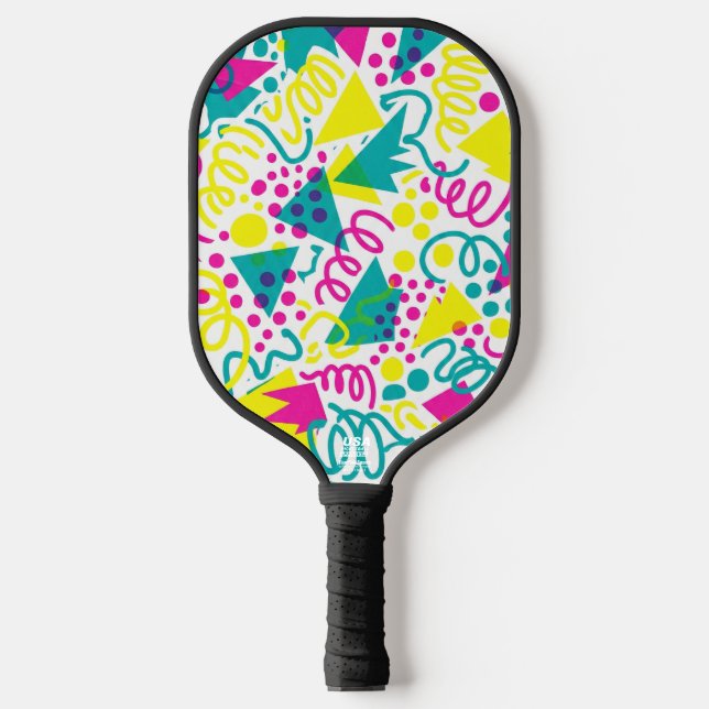 Rad Retro Memphis Pattern Neon 80s Pop Art Pickleball Paddle (Front)