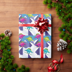 Rad Retro Skiing Stegosaurus Dinosaur Wrapping Paper