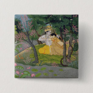 Radha and Krishna embrace in a grove of flowering 15 Cm Square Badge