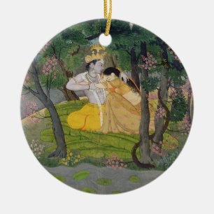 Radha and Krishna embrace in a grove of flowering Ceramic Tree Decoration