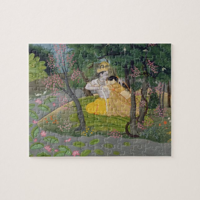 Radha and Krishna embrace in a grove of flowering Jigsaw Puzzle (Horizontal)