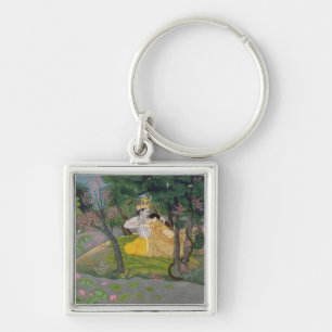 Radha and Krishna embrace in a grove of flowering Key Ring