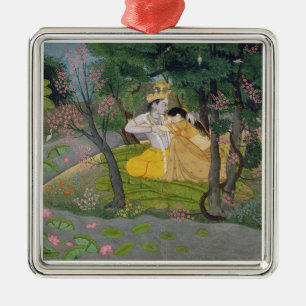 Radha and Krishna embrace in a grove of flowering Metal Tree Decoration