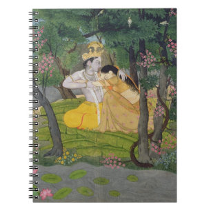 Radha and Krishna embrace in a grove of flowering Notebook