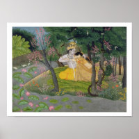 Radha and Krishna embrace in a grove of flowering