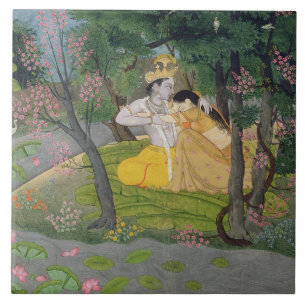 Radha and Krishna embrace in a grove of flowering Tile