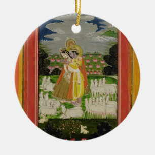 Radha and Krishna embrace in an idealised landscap Ceramic Tree Decoration