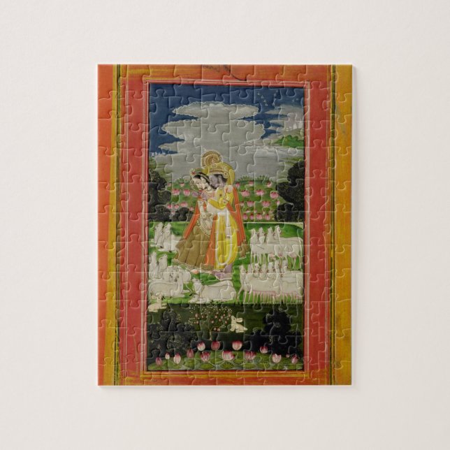 Radha and Krishna embrace in an idealised landscap Jigsaw Puzzle (Vertical)