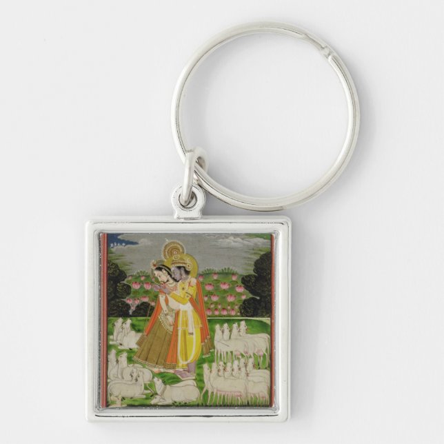 Radha and Krishna embrace in an idealised landscap Key Ring (Front)